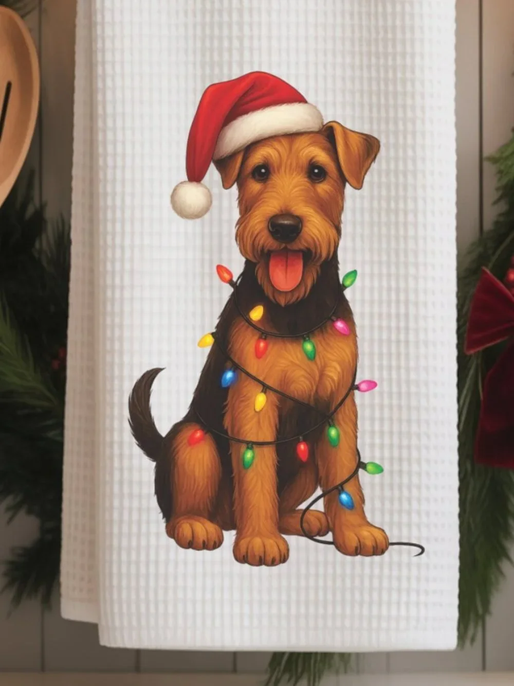 Airedale Terrier Christmas Lights Decorative Kitchen Tea Towel